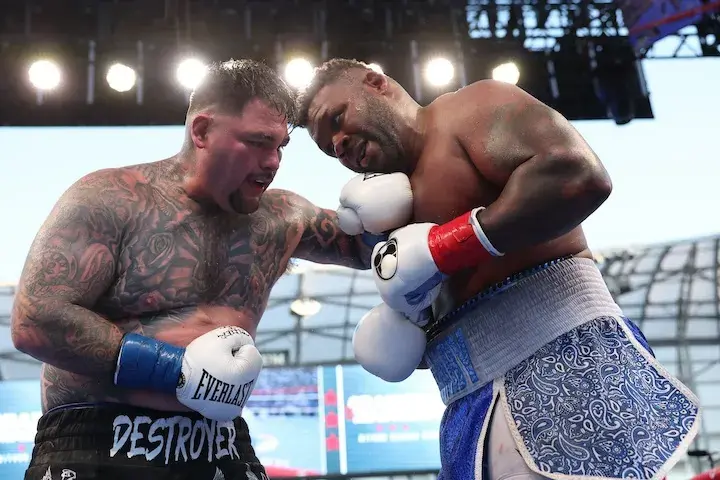 Andy Ruiz, in his most recent action, plants his left hand on the chin of Jarrell Miller in August 2024