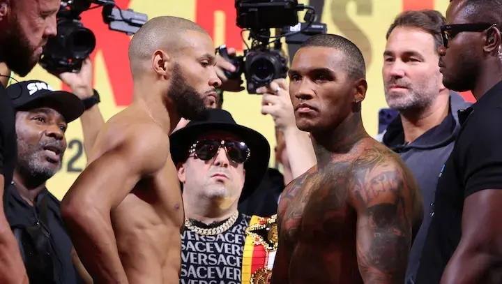Chris Eubank Jnr and Conor Benn weigh in for their rematch as Eddie Hearn watches on