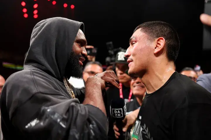 Jaron Ennis and Vergil Ortiz Jnr face off with each other after Ortiz's win over Erickson Lubin on November 8, 2025.