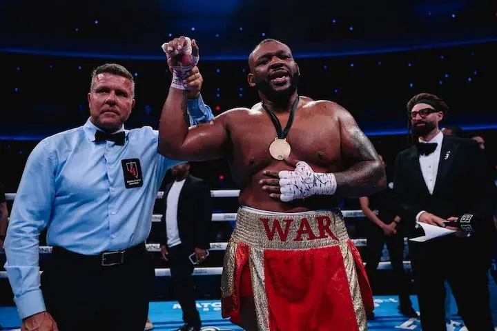 Jarrell Miller celebrates his win over Lenier Pero. (April 25, 2026)