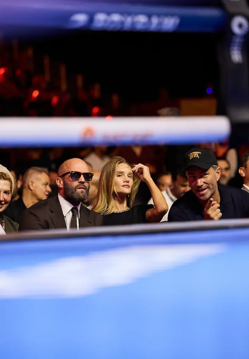 Eddie Hearn [right] chats to Jason Statham at rignside in Egypt on May 23, 2026