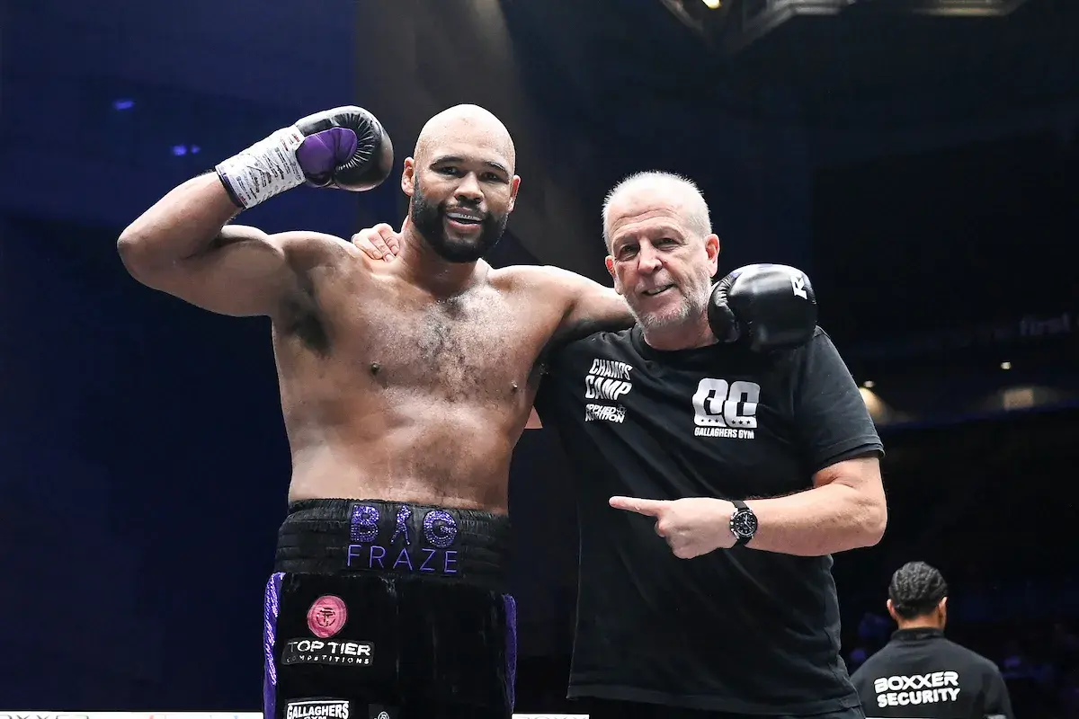 Joe Gallagher celebrates Frazer Clarke's destruction of Lamah Griggs on August 8, 2026