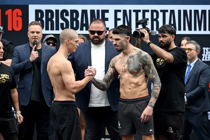 Nikita Tszyu (left) and Michael Zerafa shake hands after weighing in on January 15, 2026.