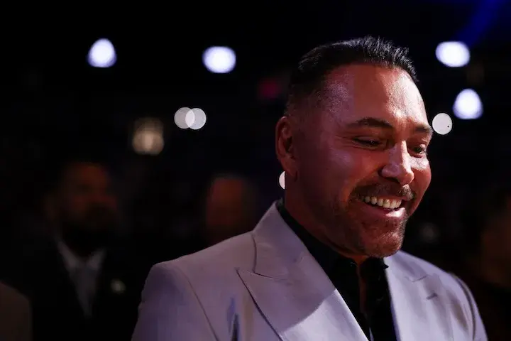 Oscar De La Hoya photographed while attending David Benavidez-Gilberto Ramirez on Saturday at T-Mobile Arena in Las Vegas. (May 2, 2026)