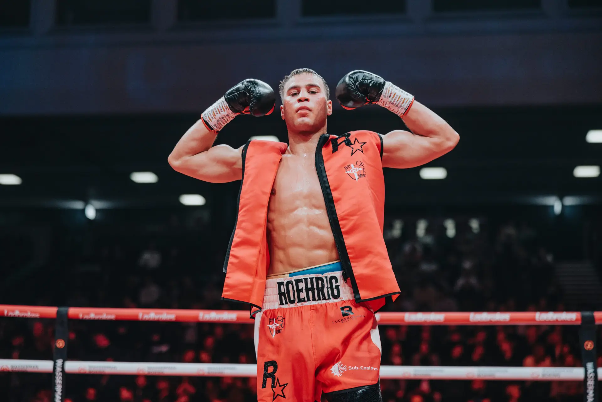 Lucas Roehrig celebrates victory on a Wasserman Boxing show