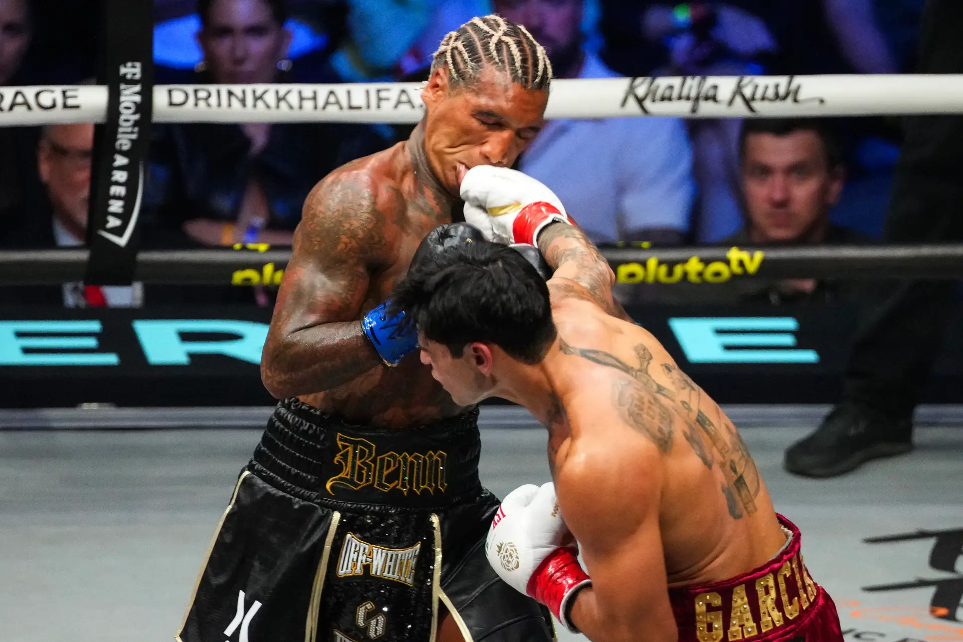 The face of Conor Benn is distorted from the right hand of Ryan Garcia in Las Vegas on September 12, 2026