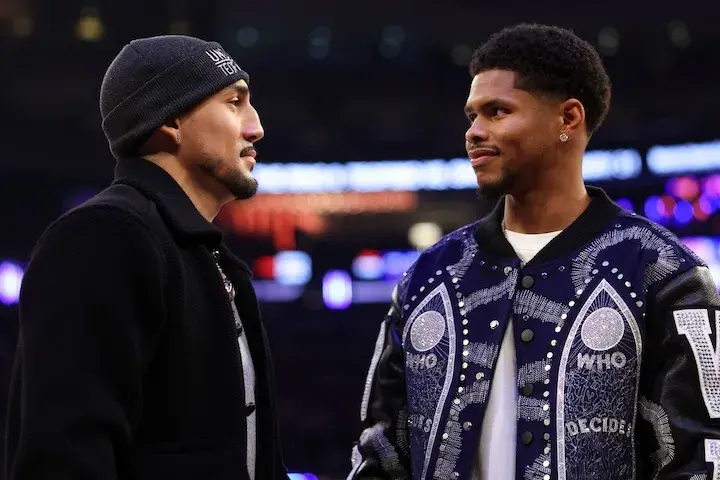 WBO junior welterweight titleholder Teofimo Lopez (left) faces off with Shakur Stevenson (right) at a New York Knicks Game on January 27, 2026.
