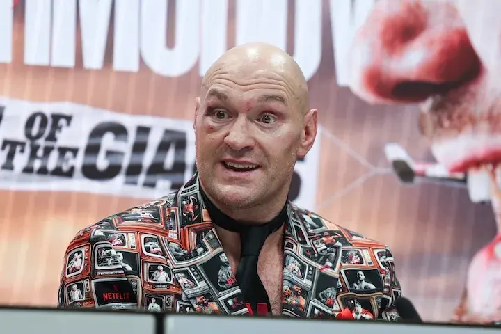 Tyson Fury at the post-fight press conference after his win over Arslanbek Makhmudov in Tottenham, England. (April 11, 2026)