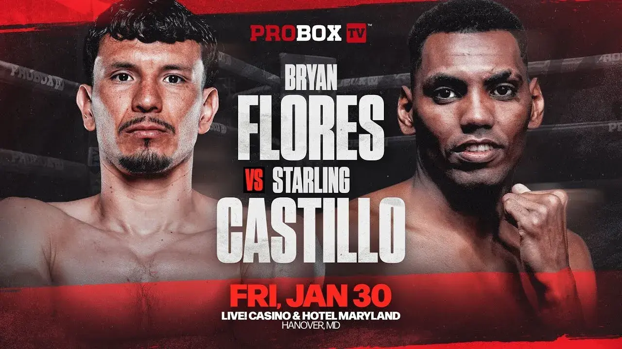 The fight poster for the boxing match between Bryan Flores and Starling Castillo on January 30, 2026.