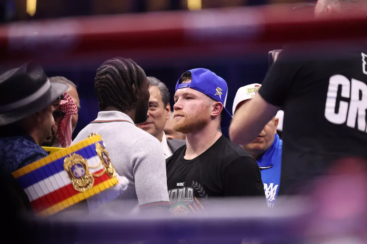 Canelo Alvarez and Terence Crawford face off with each other following Canelo's win over William Scull on May 3, 2025.