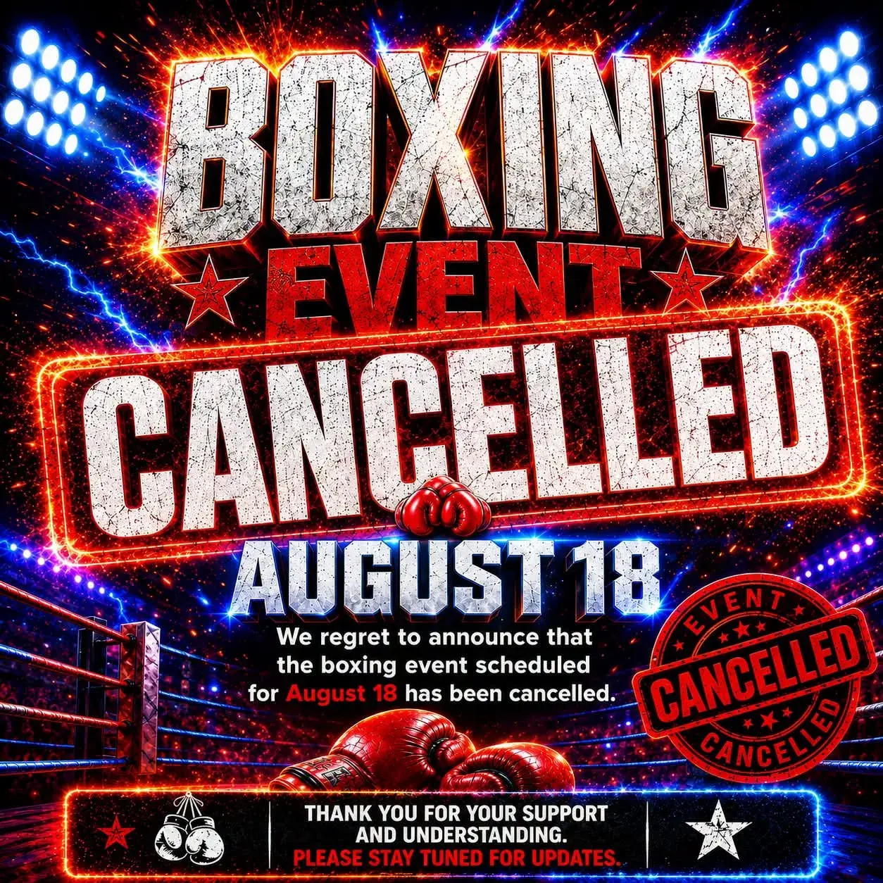 A graphic announcing the cancellation of Hasim Rahman's comeback fight in Rochester, NY.