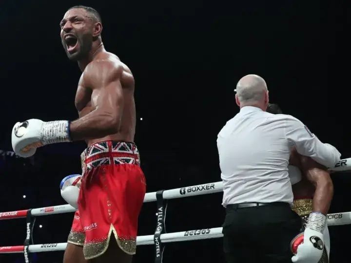 Kell Brook, in his most recent fight, celebrates victory over Amir Khan in February 2022
