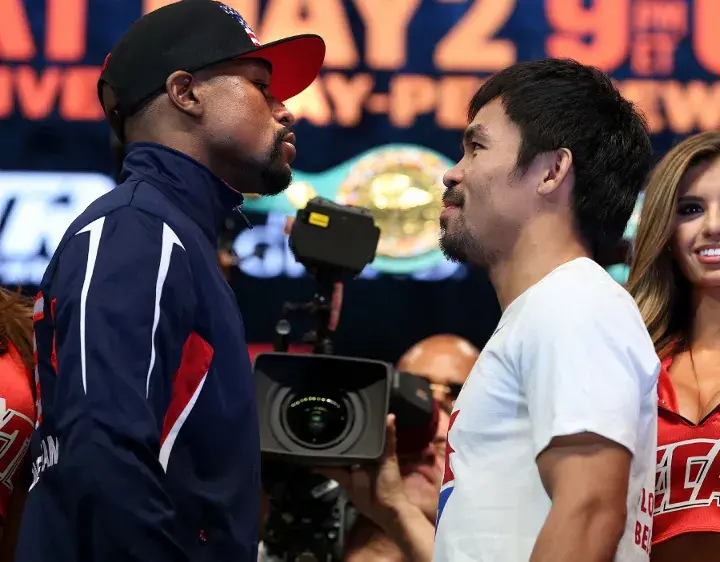 Floyd Mayweather and Manny Pacquiao face off ahead of their 2015 blockbuster