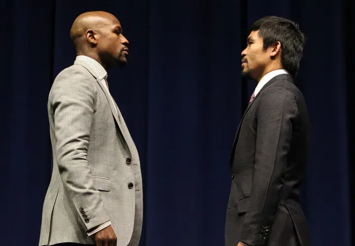 Mayweather and Pacquiao stare one another down ahead of their 2015 financial blockbuster