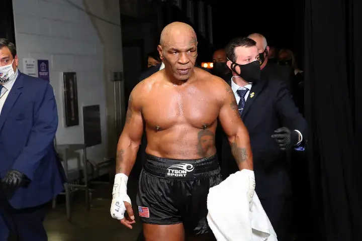 Mike Tyson walks to the ring for his exhibition match with Roy Jones Jnr in 2020.