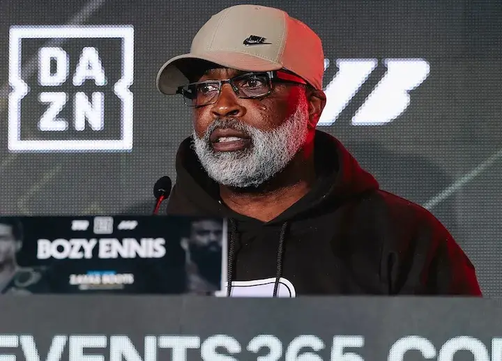 Bozy Ennis, the trainer and father of Jaron Ennis, speaks at the press conference for his son's fight against Xander Zayas. (April 8, 2026)