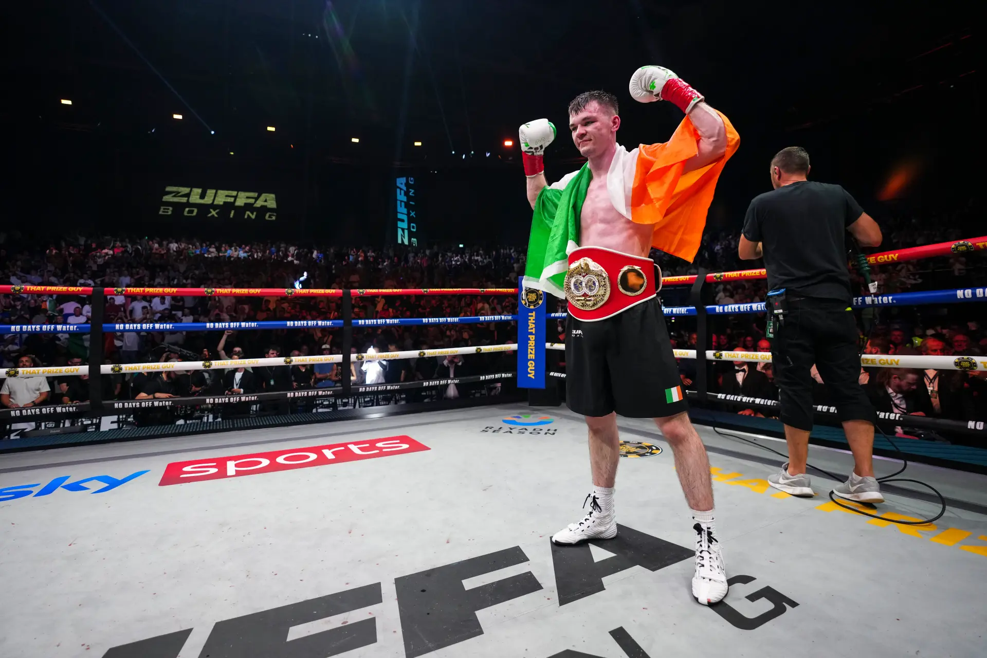 Aaron McKenna celebrates with the IBF middleweight title on August 8, 2026, in Dublin