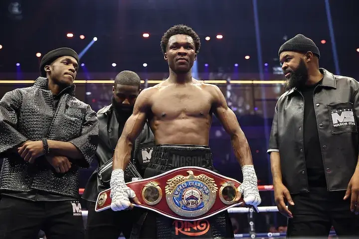 Abdullah Mason celebrates after defeating Sam Noakes for the WBO lightweight title on November 22, 2025.
