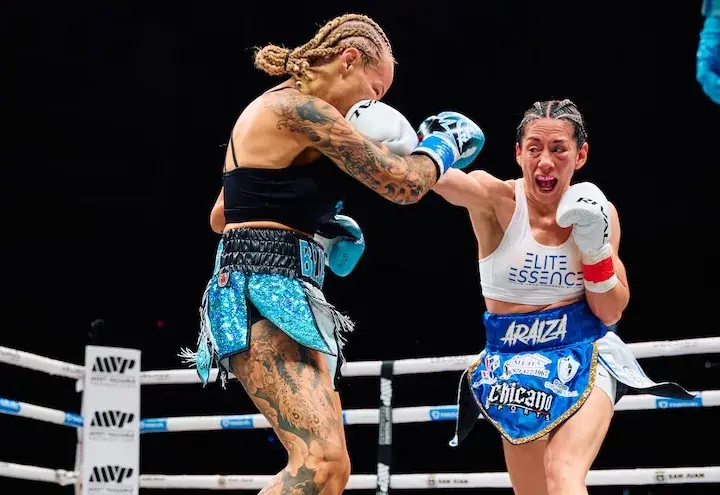 Alexis Araiza lands a right hand on Ebanie Bridges during their boxing match on January 3, 2026.