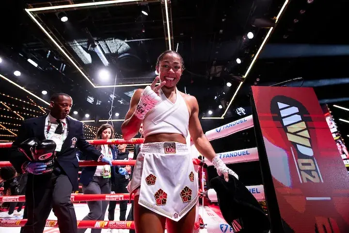 Alycia Baumgardner celebrates her win over Bo Mi Re Shin in New York City. (April 17, 2026)