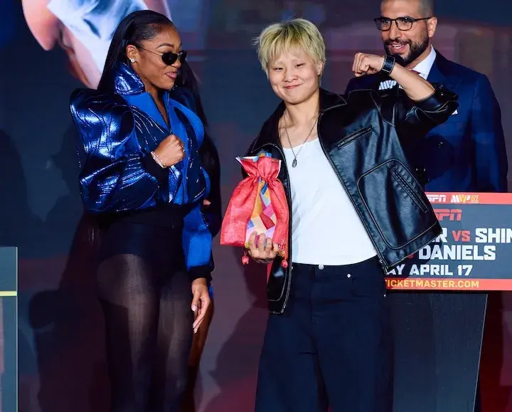 Alycia Baumgardner (left) and Bo Mi Re Shin pose at the final press conference in New York City. (April 15, 2026)