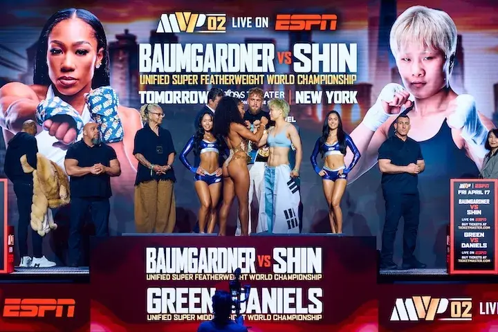 Unified junior lightweight champion Alycia Baumgardner and challenger Bo Mi Re Shin face off at Thursday's weigh-in ahead of their Friday clash in New York City. (April 16, 2026)