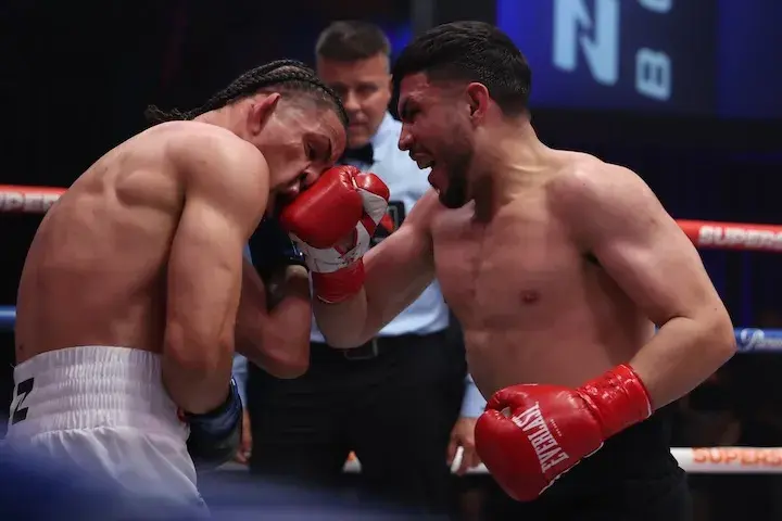 Andres Cortes (right) lands a punch on Eridson Garcia during their fight on Easter Sunday at the Meta Apex in Las Vegs. (April 5, 2026)