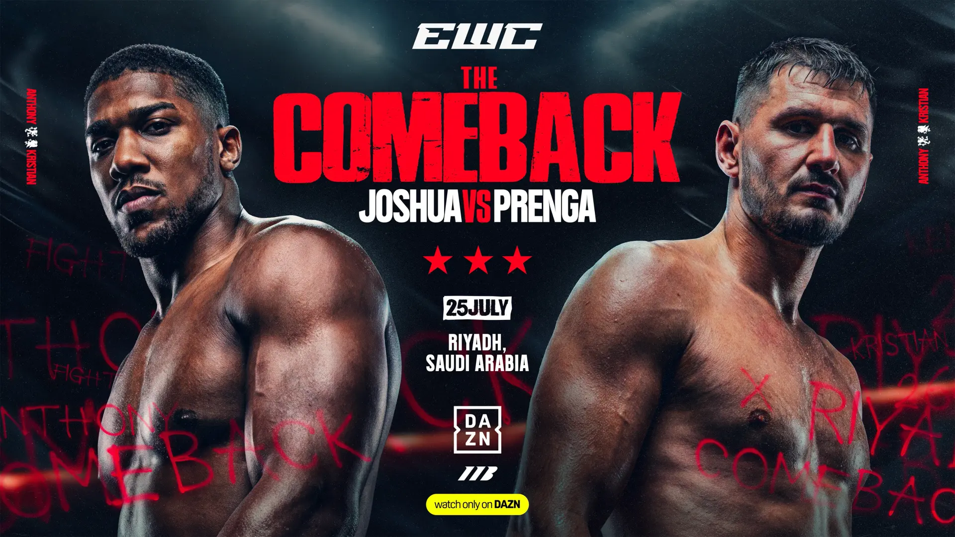 Fight art for the boxing match between Anthony Joshua and Kristian Prenga on July 25, 2026.