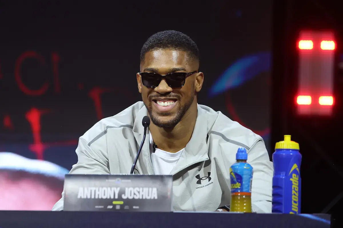 Anthony Joshua in a lighter moment at the press conference to promote his bout with Kristian Prenga (June 1, 2026)