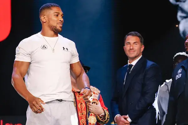 Anthony Joshua, with Eddie Hearn in the background, in London on September 30, 2026