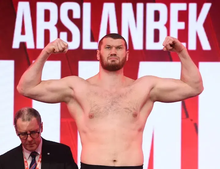 Arslanbek Makhmudov at the weigh-in for his fight against Tyson Fury. (April 10, 2026)