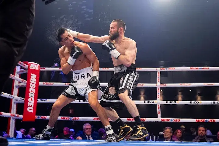 Arthur Biyarslanov (right) lands a punch on Jimerr Espinosa during their fight at the Montreal Casino. (April 9, 2026)