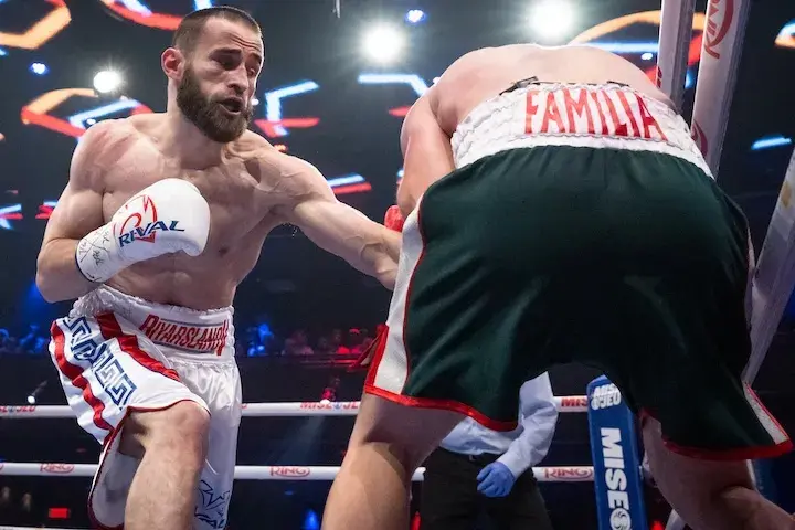 Arthur Biyarslanov throws a left hand to the body of Antonio Collado in their fight on June 5, 2025.