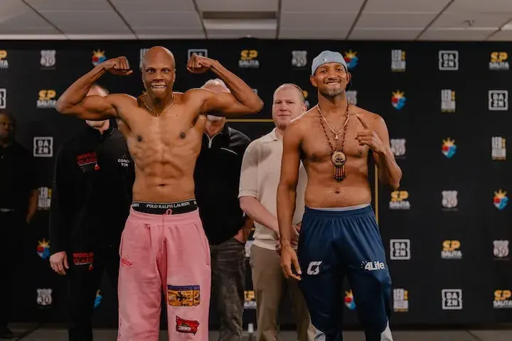 Atif Oberlton (left) and Carlos Gongora pose for the media at the weigh-in. (May 8, 2026)