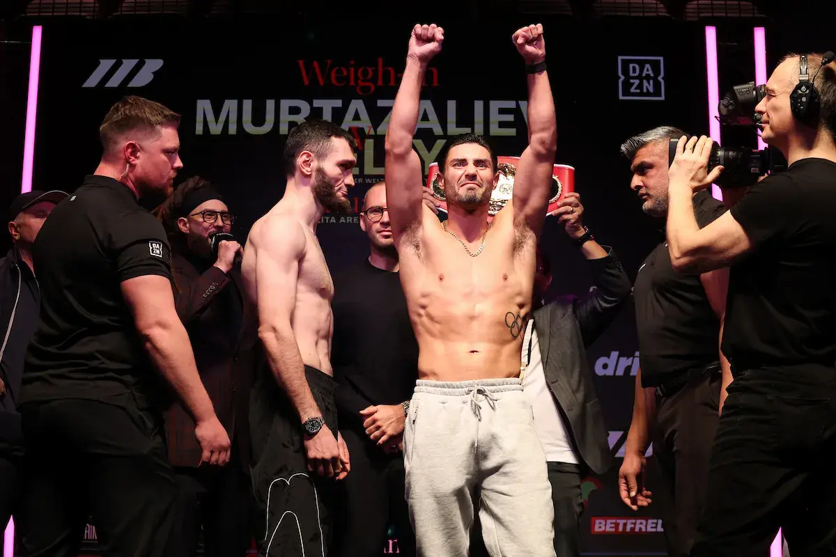 Bakhram Murtazaliev stares down his challenger, Josh Kelly