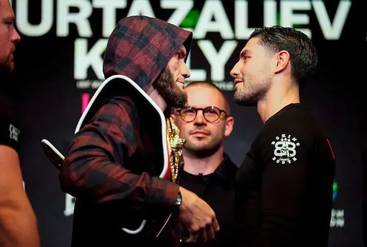 IBF junior middleweight titleholder Bakhram Murtazaliev (left) and Josh Kelly (right) at a press conference on January 29, 2026