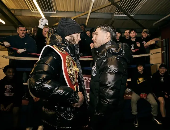 IBF junior middleweight titleholder Bakhram Murtazaliev (left) stares down Josh Kelly ahead of their title bout. Photo Taken on January 27, 2026