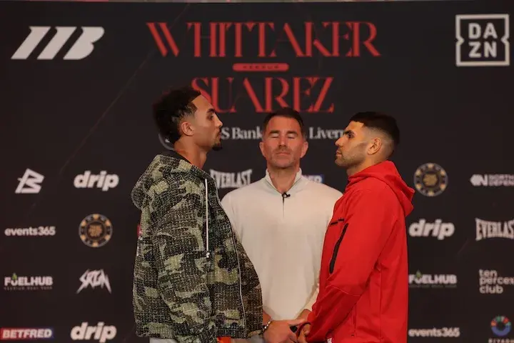 Ben Whittaker (left) and Braian Suarez face off at the final press conference ahead of his fight. (April 16, 2026)