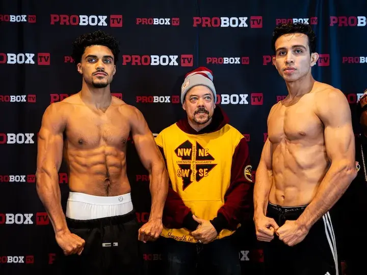 Benjamin Johnson (left) makes weight for his fight against Mario Meza (right). Photo taken on January 29, 2026