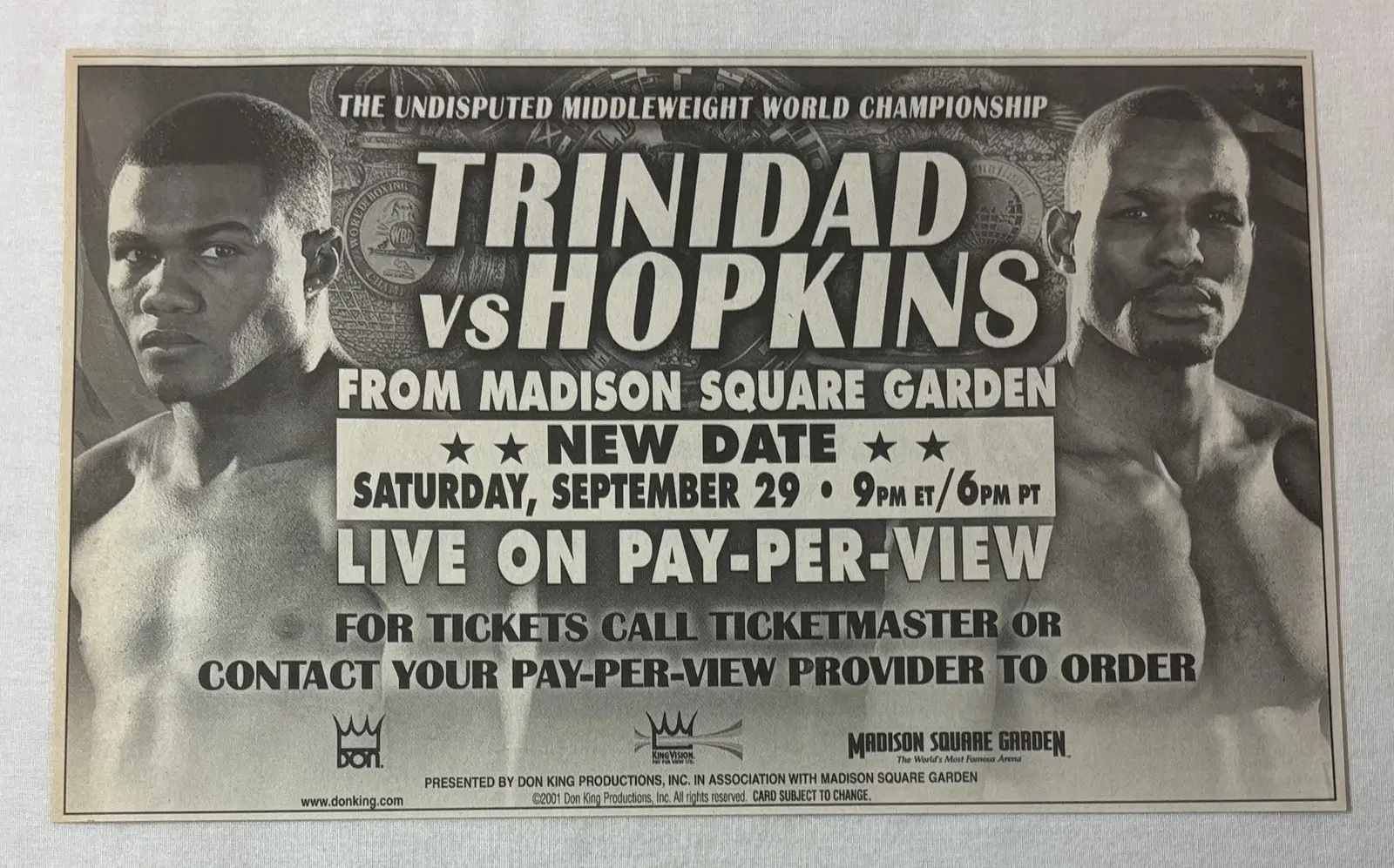 The newsprint advert for the rescheduled date for Felix Trinidad vs. Bernard Hopkins in September 2001