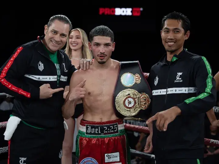 Trainer Bob Santos (left) and Bryan Acosta (middle) after his victory over Ronny Rios at Thunder Studios in Long Beach, California. (March 28, 2026)