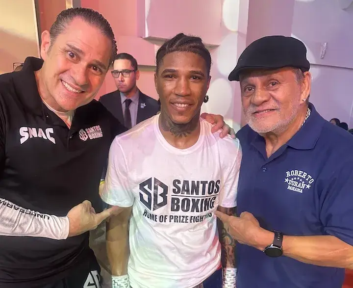Bob Santos (left), Luis Nunez (middle) and Roberto Duran (right) pose for a photo. (March 14, 2026)