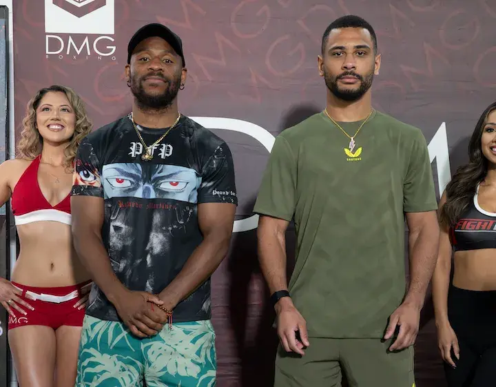Brandon Adams (left) and CaoimhinAgyarko (right) pose at a media workout ahead of their Las Vegas bout. (April 9, 2026)