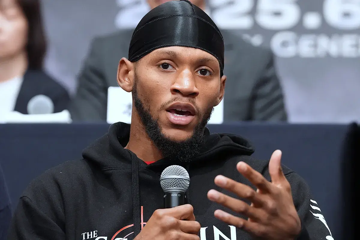 Brian Norman Jr at press conference ahead of June 19 title defense vs. Jin Sasaki in Tokyo