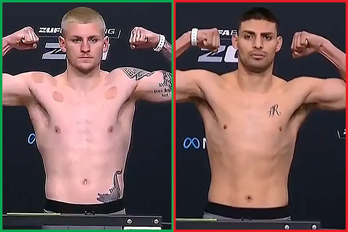 Callum Walsh and Carlos Ocampo both flex at the scale after making weight for the Zuffa Boxing 01 main event, set for Friday on Paramount+ live from the Meta APEX in Las Vegas, Nevada.