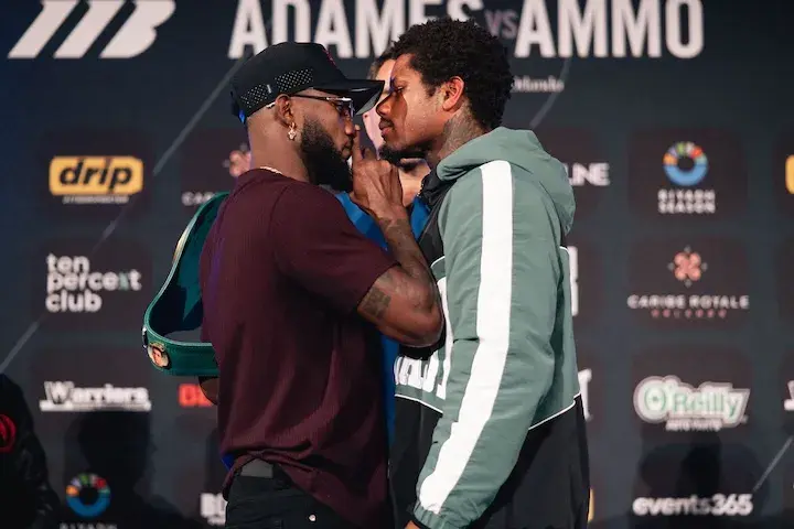 Carlos Adames (left) and Austin "Ammo" Williams face off at the final pre-fight press conference ahead of their Saturday fight. (March 19, 2026)