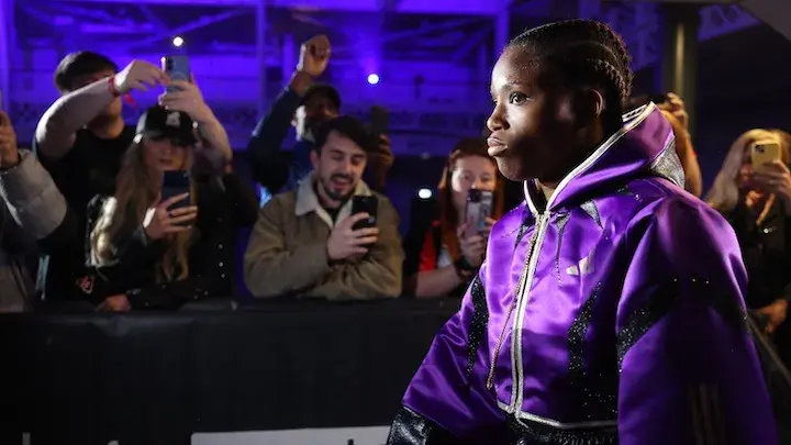Caroline Dubois walks to the ring for her fight against Terri Harper at Olympia in Kensington, London. (April 5, 2026)