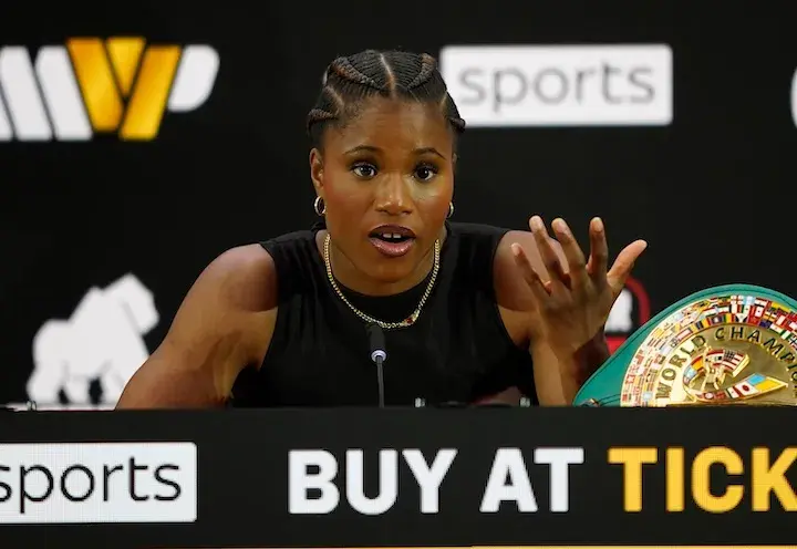 Caroline Dubois enters the final press conference ahead of her main event bout against Terri Harper. (April 3, 2026)
