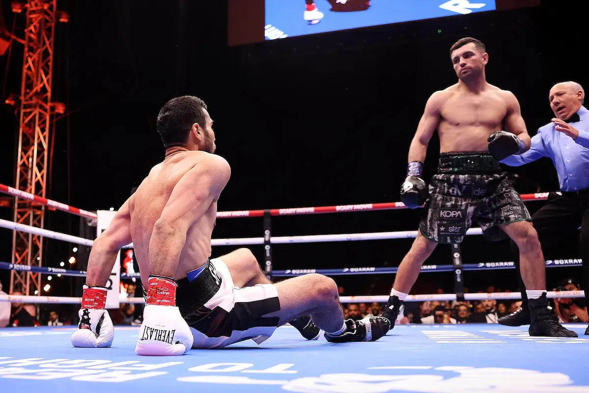 Jack Catterall drops Shakhram Giyasov in the first round