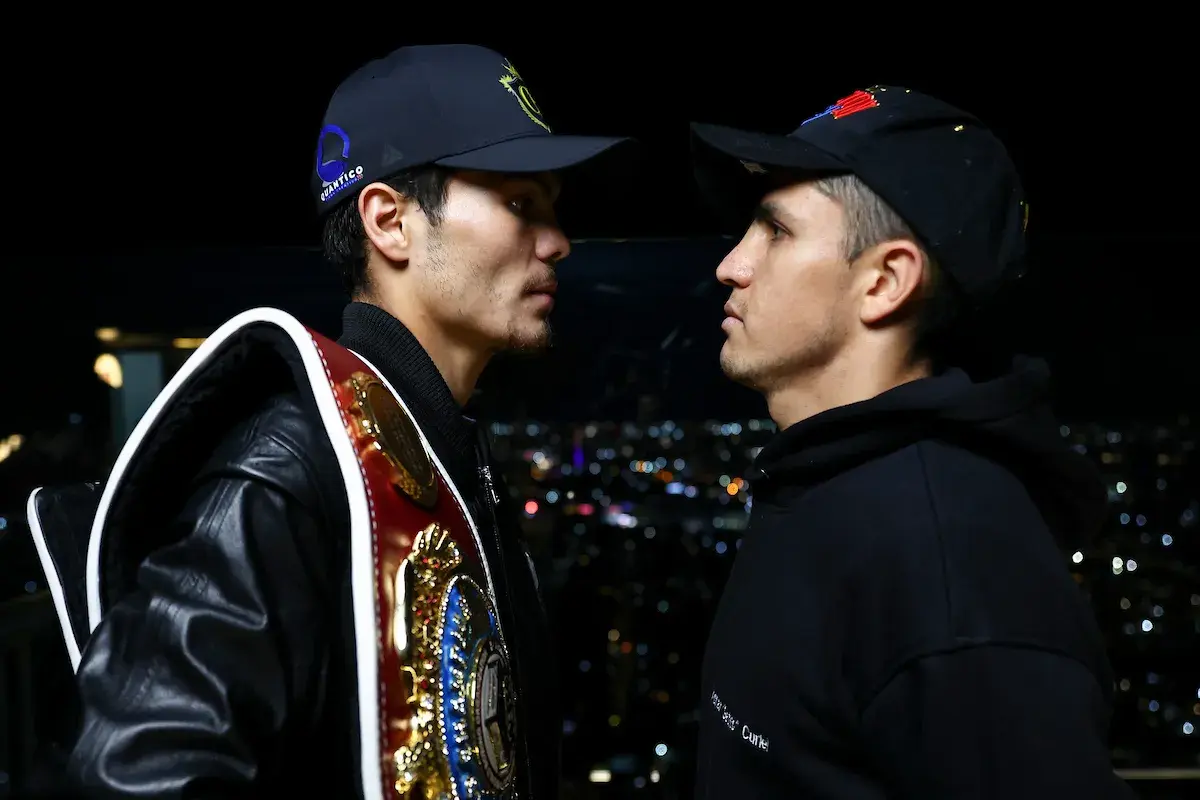 WBO bantamweight titleholder Christian Medina (left) and Adrian Curiel at the face off at a media event on February 4, 2026